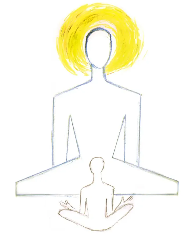 A meditator with a golden aura around the head, the small disciple seated in lotus before him