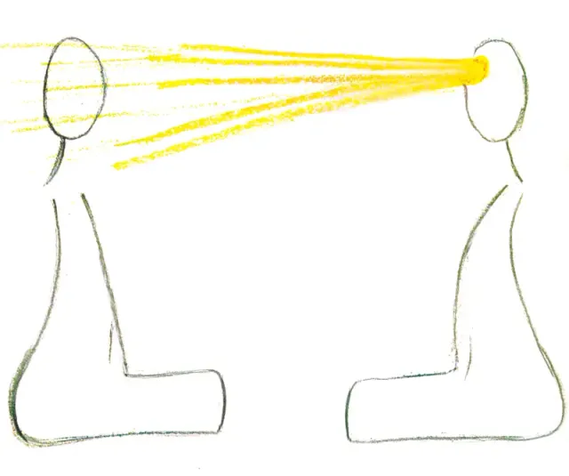Two figures kneeling face-to-face, golden rays passing from head to head — silent transmission